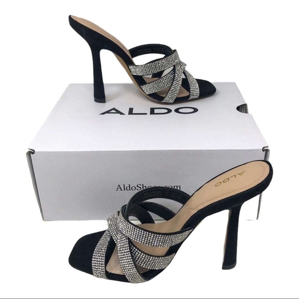 Aldo NWT Mule Heels Silver & Black Evening Faux Rhinestone with Box